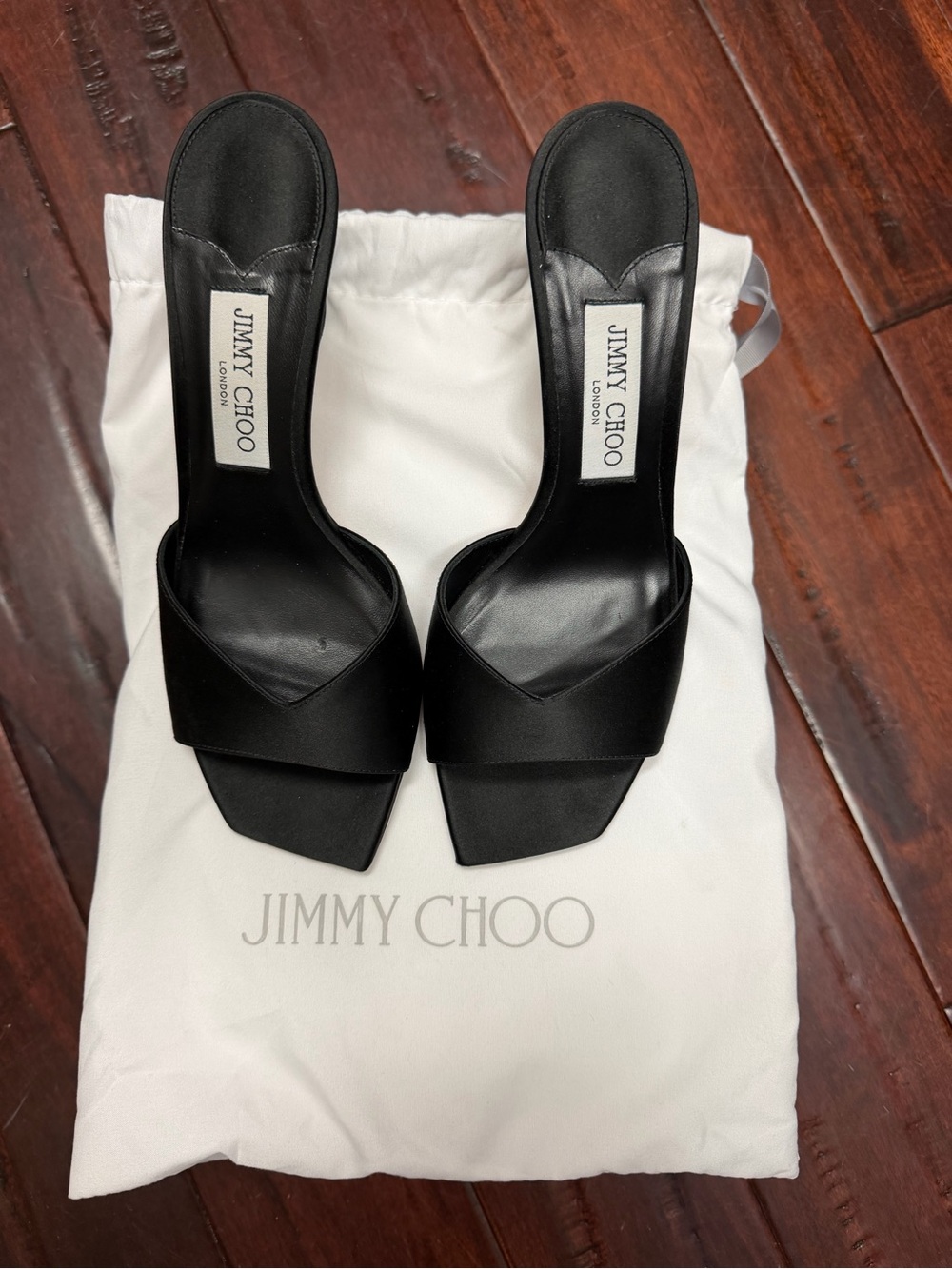 Jimmy Choo Black Satin Square-Toe Slide Mules